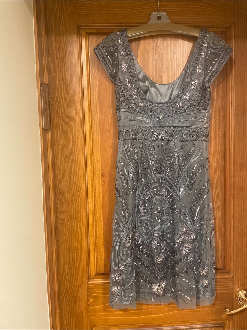 Beaded Scoop-Neck Grey Midi Dress